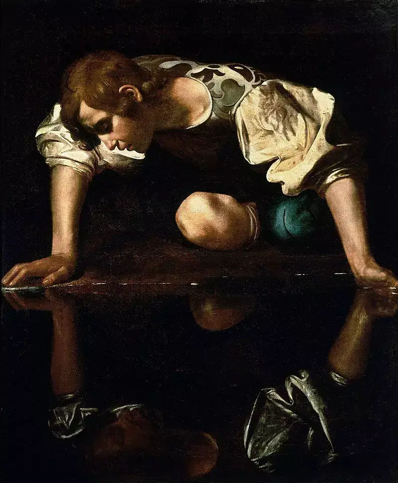 narcissus-caravaggio-1594 Narcissus loosing himself through his reflection on the waters, by Caravaggio.